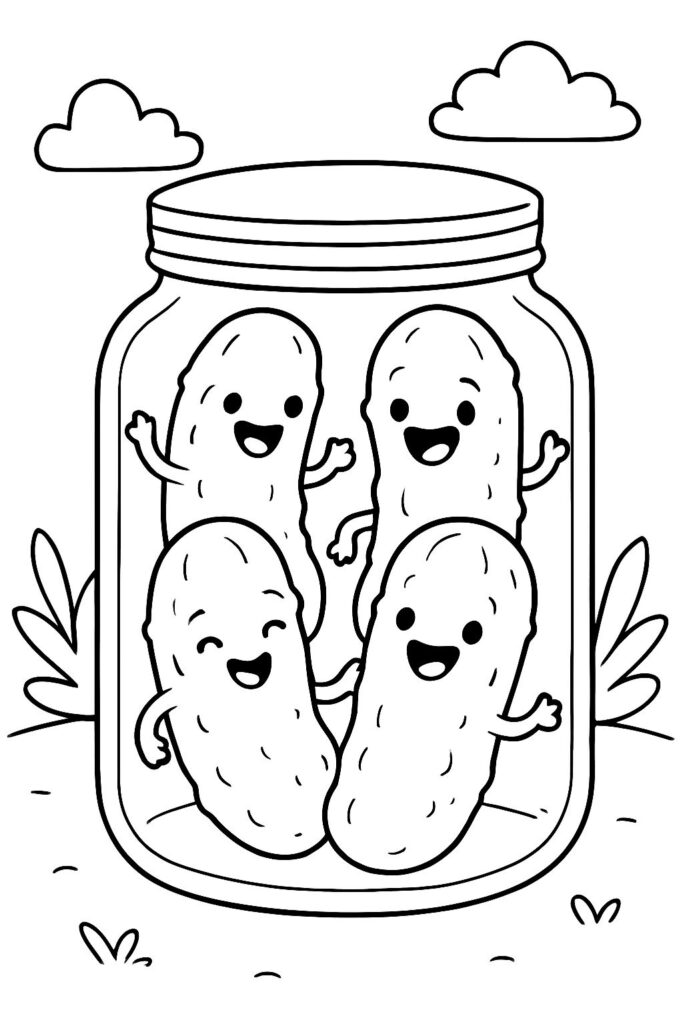 Four smiling pickles in a glass jar drawing