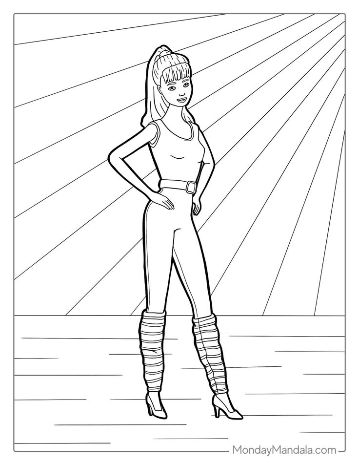 Black-and-white drawing of a standing woman on lines background