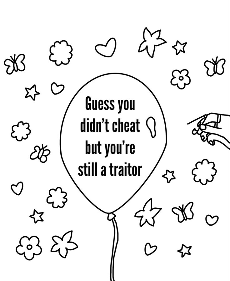 Balloon with text, surrounded by doodle flowers and stars