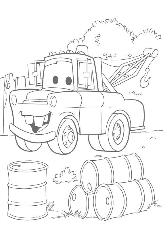 Cartoon tow truck beside barrels and bushes