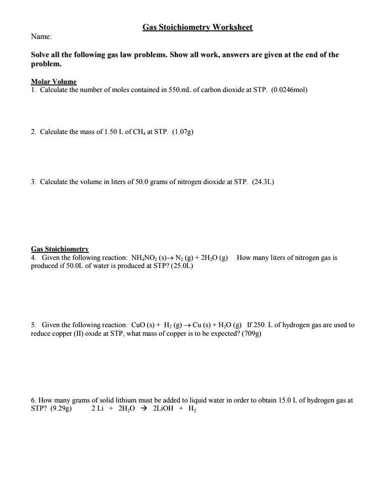 Gas stoichiometry worksheet with chemistry problems and answers