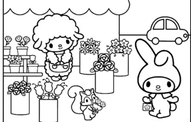 Black-and-white cartoon of two characters among potted flowers and car