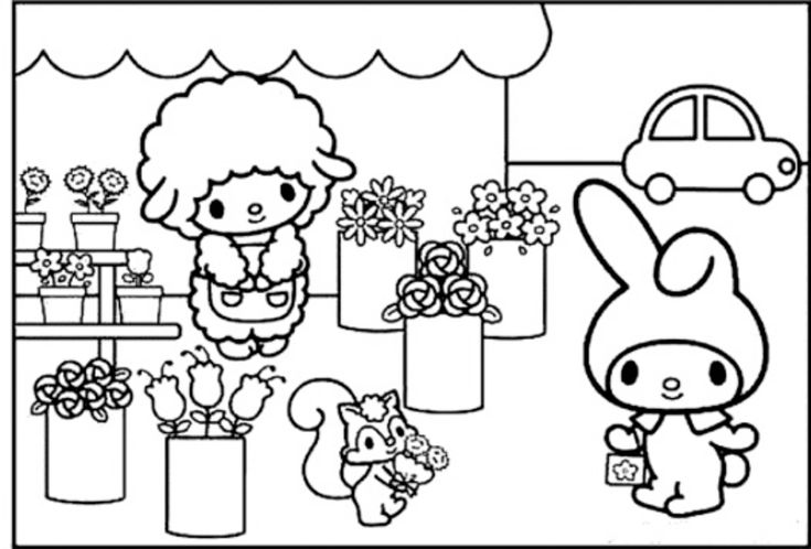 Black-and-white cartoon of two characters among potted flowers and car