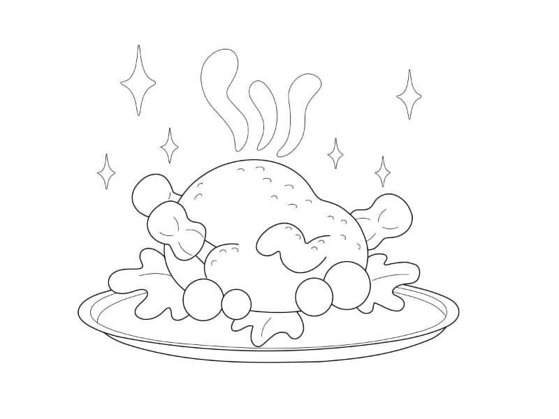 Line drawing of a roast turkey on a plate with garnish