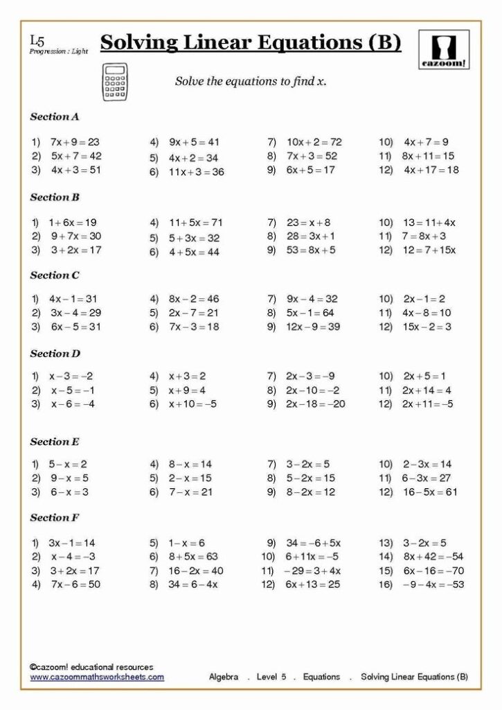 Math worksheet titled Solving Linear Equations (B)