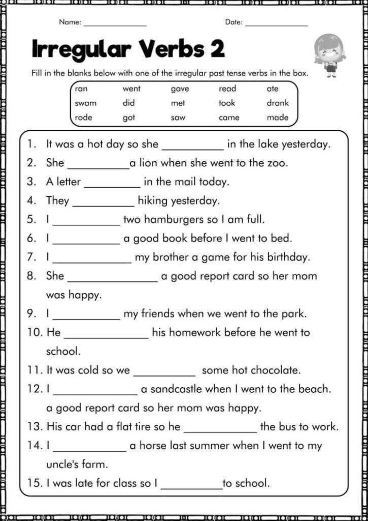 Irregular verbs worksheet with fill-in-the-blank sentences