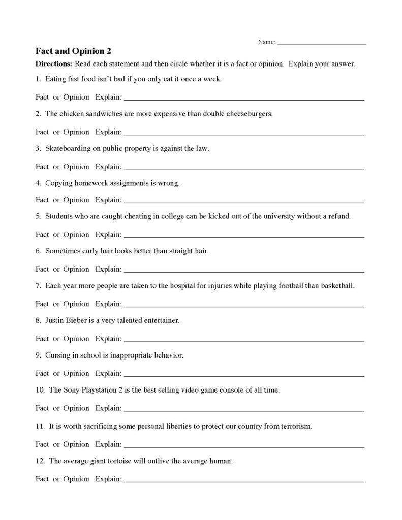 Fact and opinion worksheet with twelve statements and blanks