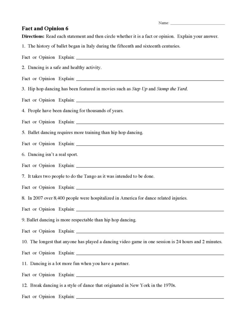 Black-and-white worksheet titled Fact and Opinion 6