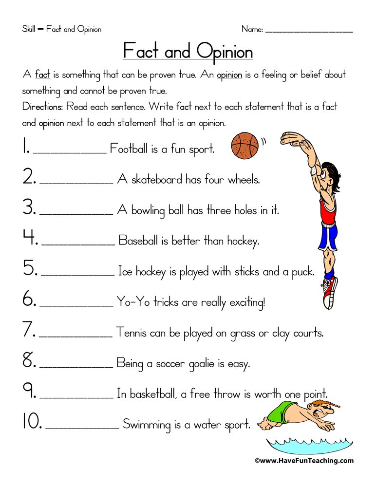 Fact and opinion worksheet with sports questions and cartoons