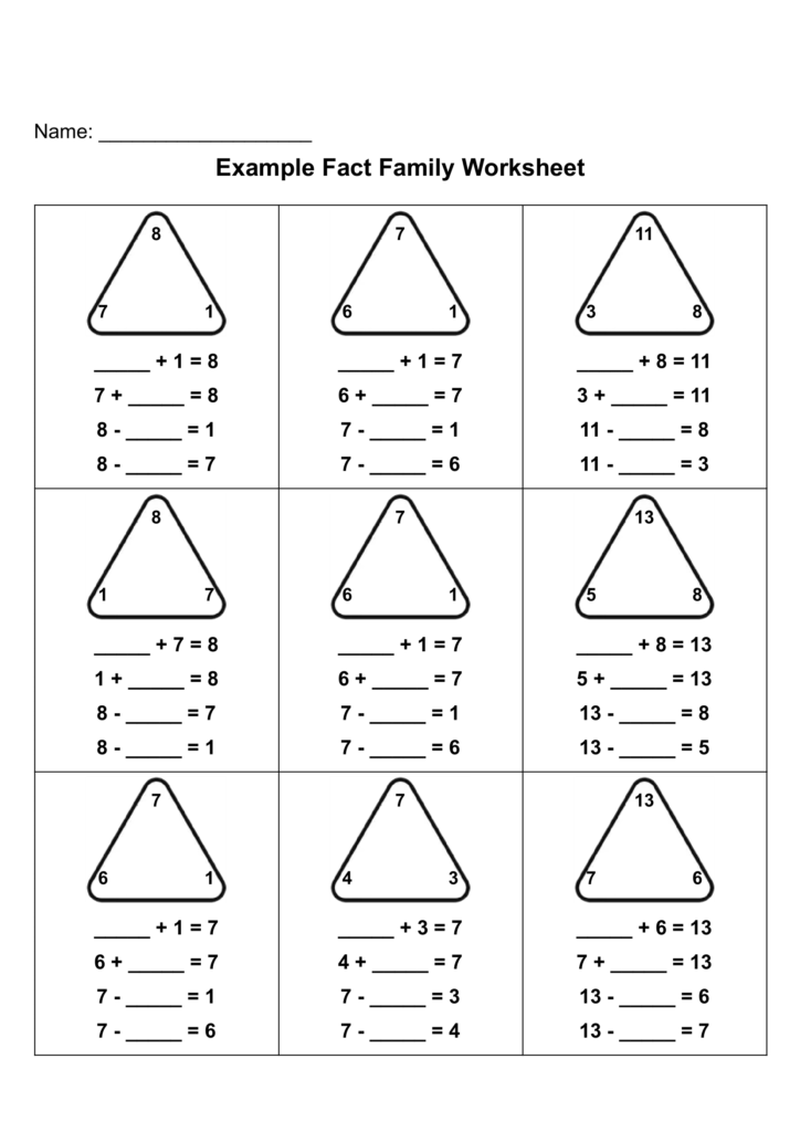 Example fact family worksheet with nine triangle problems