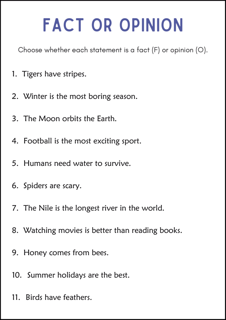 Fact or opinion worksheet with eleven statements