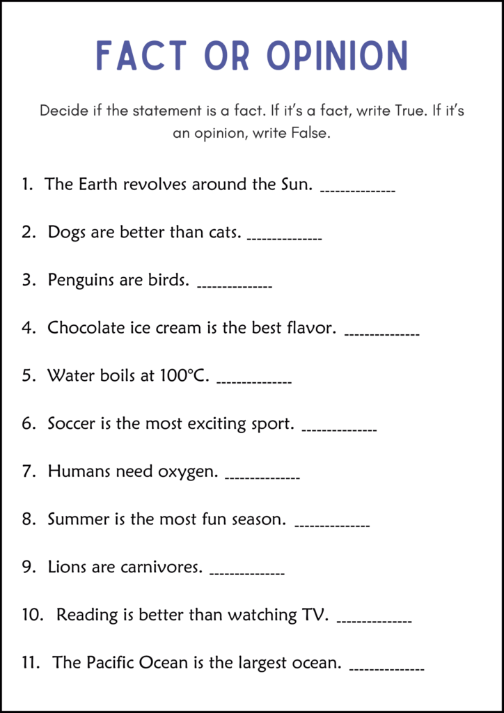 Fact or opinion worksheet with eleven statements
