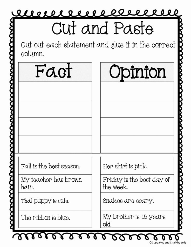Fact and opinion cut-and-paste worksheet with two columns