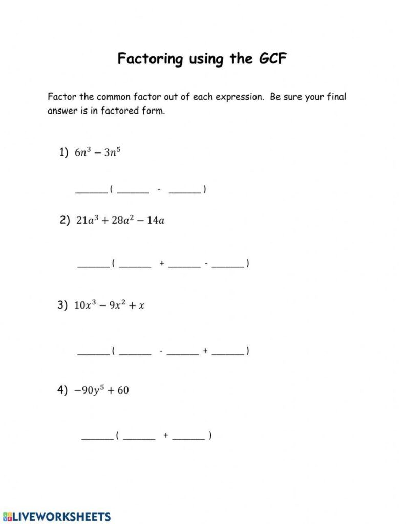 Factoring using the GCF math worksheet with four problems