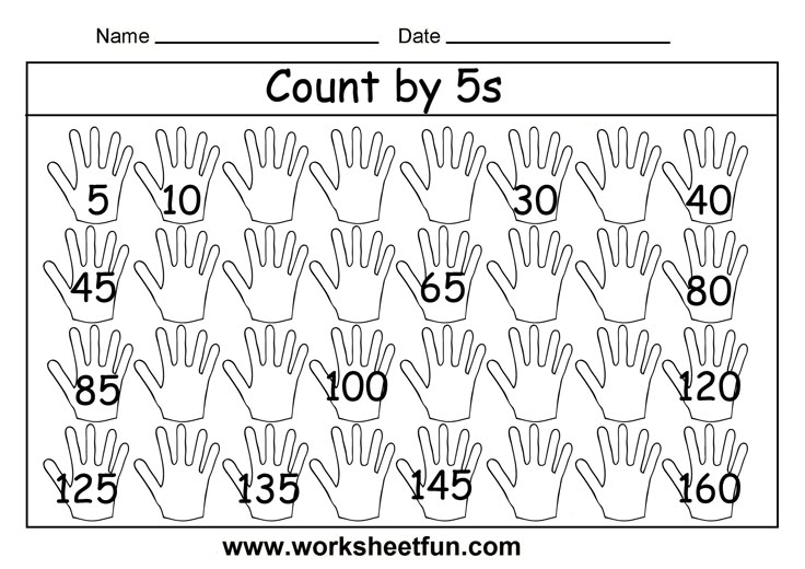 Count by 5s worksheet with numbered hand outlines