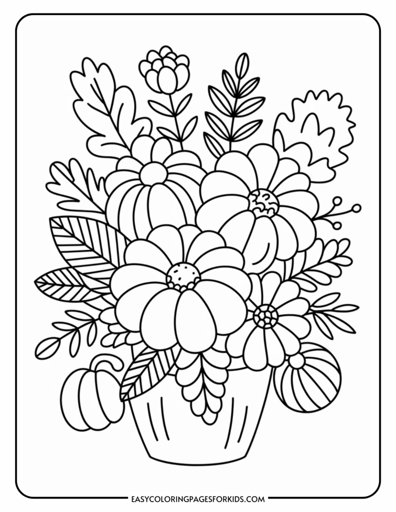 Black-and-white floral bouquet in a vase coloring page