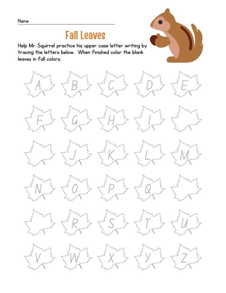 Fall leaves alphabet tracing worksheet with squirrel illustration