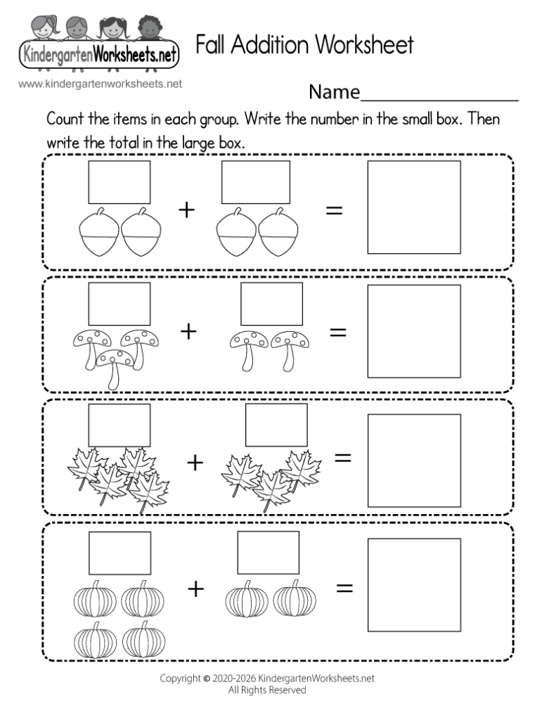 Fall addition worksheet with acorns, mushrooms, leaves, pumpkins