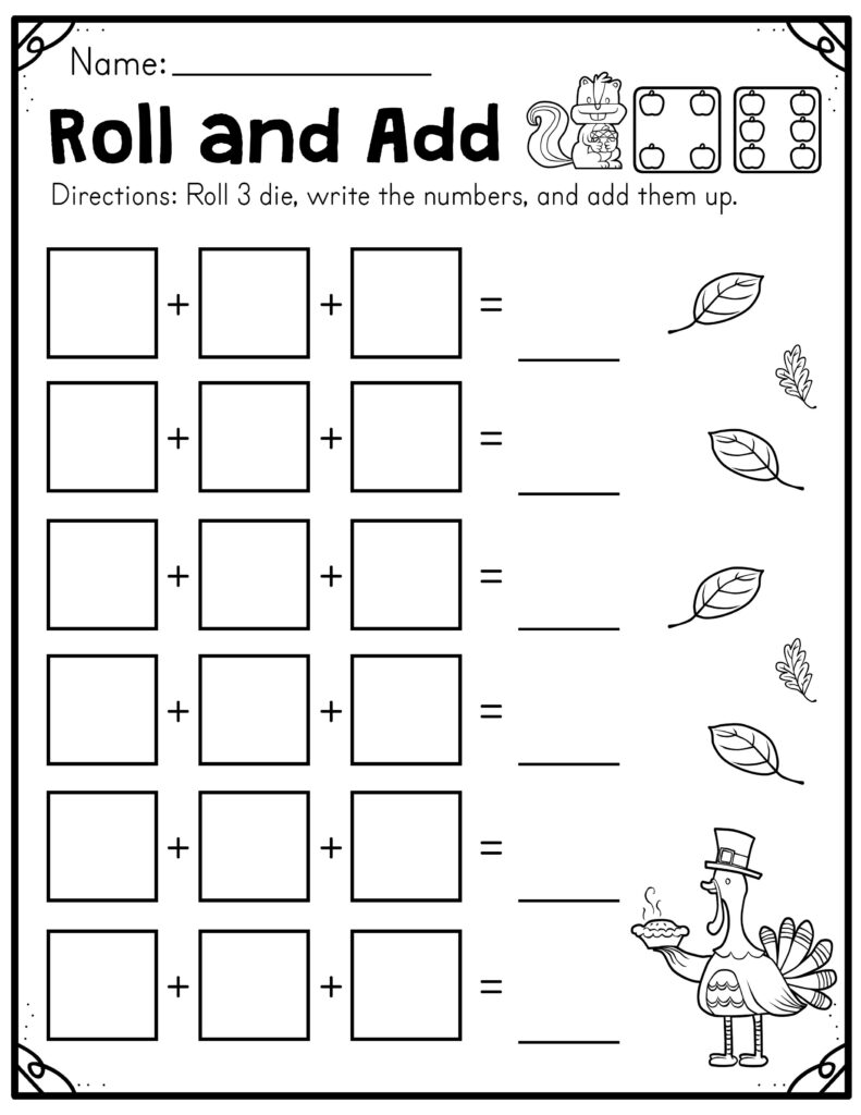 Black-and-white roll and add worksheet with turkey drawings