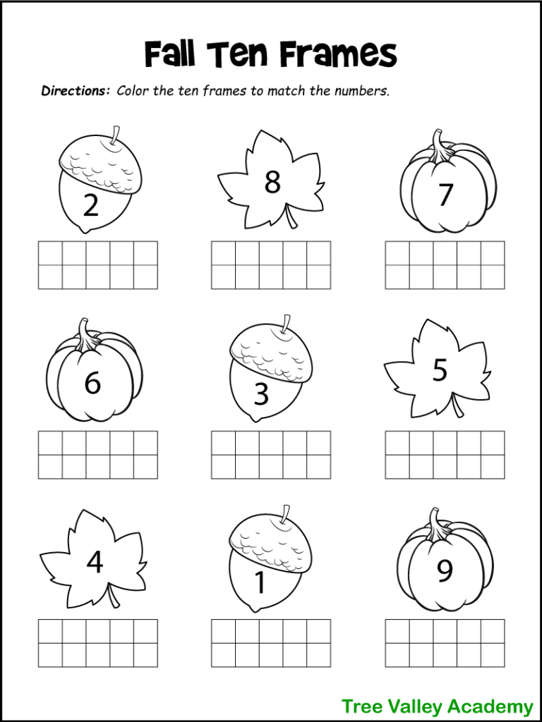 Fall ten frames worksheet with numbered acorns, leaves, pumpkins