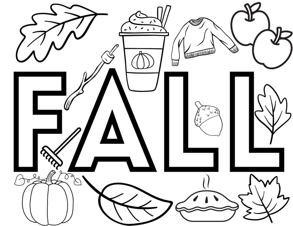 Fall word art with leaves, apples, pumpkin, and sweater icons