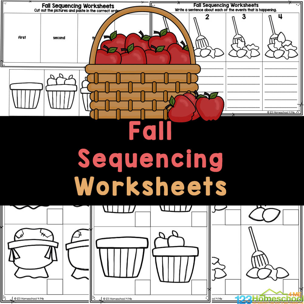 Fall sequencing worksheets with apples and baskets