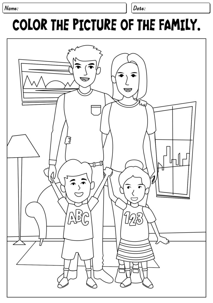 Family coloring worksheet with parents and two children