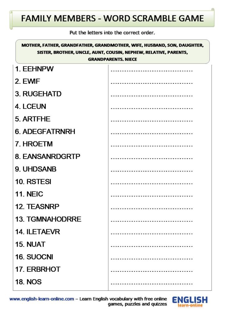Family members word scramble worksheet with numbered blanks