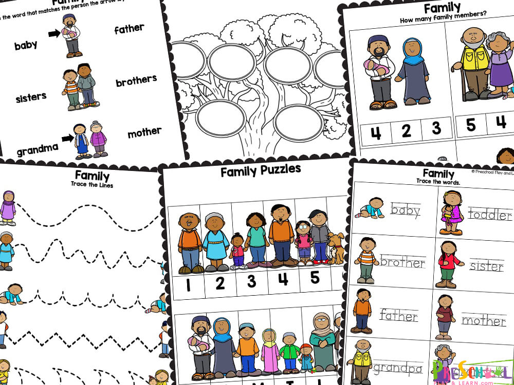 Collage of family-themed preschool worksheet pages with cartoon characters