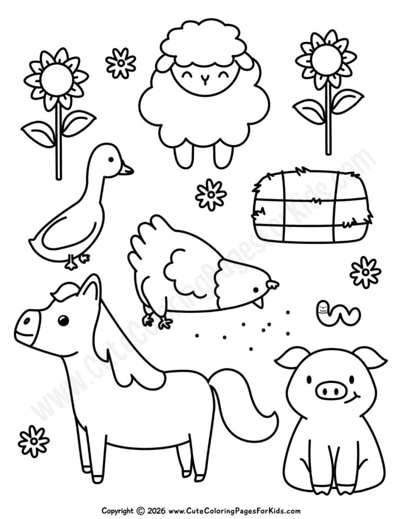 Farm animals and flowers coloring page