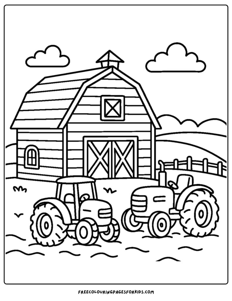 Barn with two tractors in a farm field