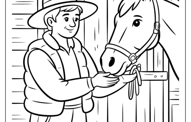 Coloring page of boy feeding horse in stable