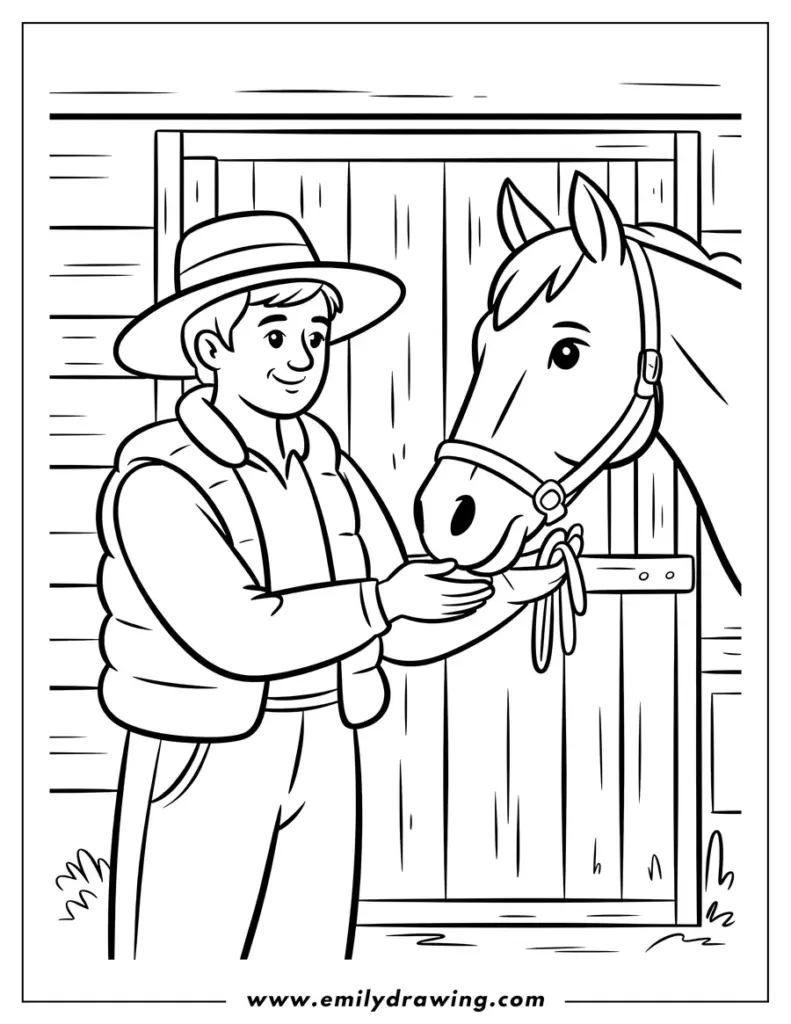Coloring page of boy feeding horse in stable