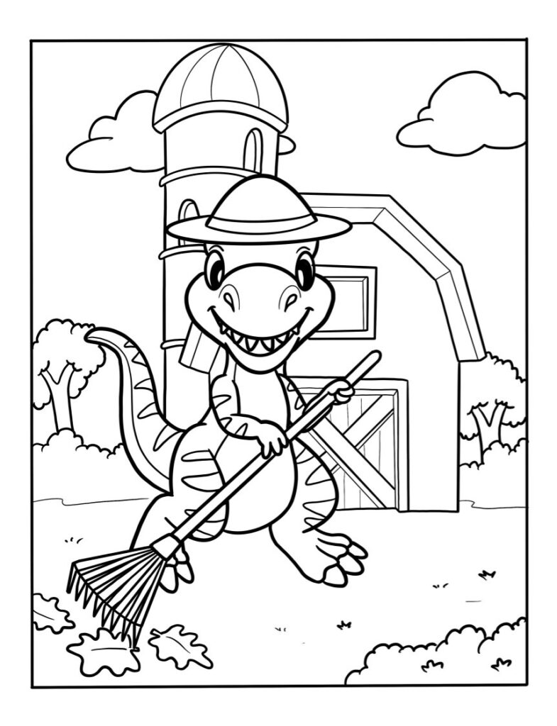Cartoon dinosaur sweeping in front of barn