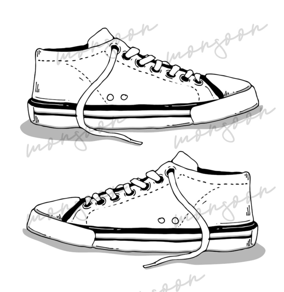 Black-and-white drawing of two high-top sneakers