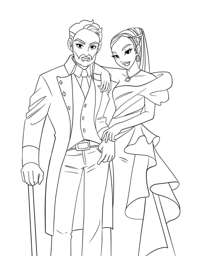 Line art of a man and woman posing together