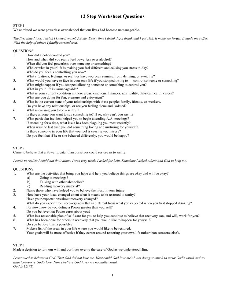 Printed “12 Step Worksheet Questions” page on white paper