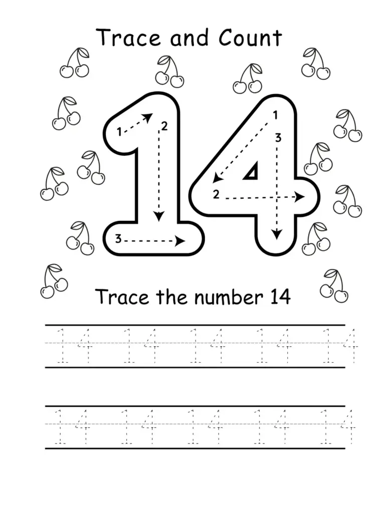 Trace and count worksheet with number 14 and cherries