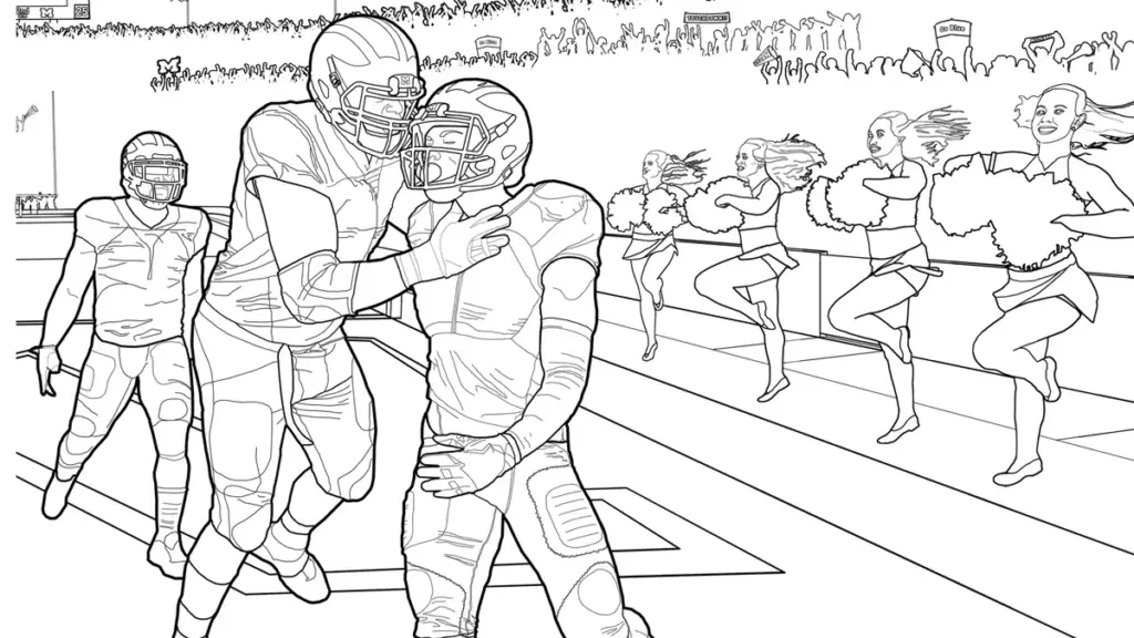 Football players celebrating with cheerleaders on sideline