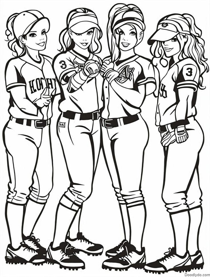 Four cartoon softball players standing together in uniforms