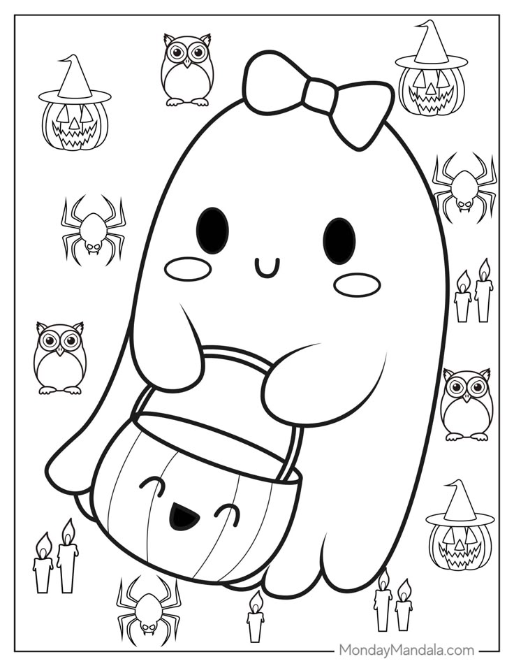 Cute ghost holding a Halloween candy bucket, surrounded by icons