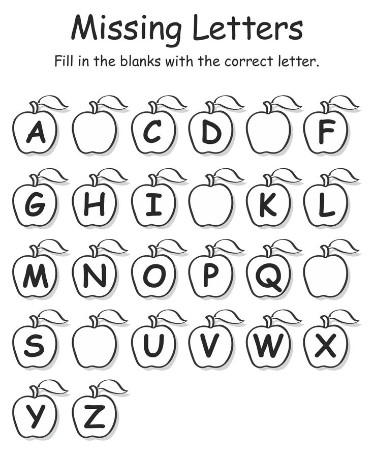 Alphabet missing letters worksheet with apples on white background
