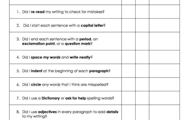 Editing checklist worksheet with blank name and date lines