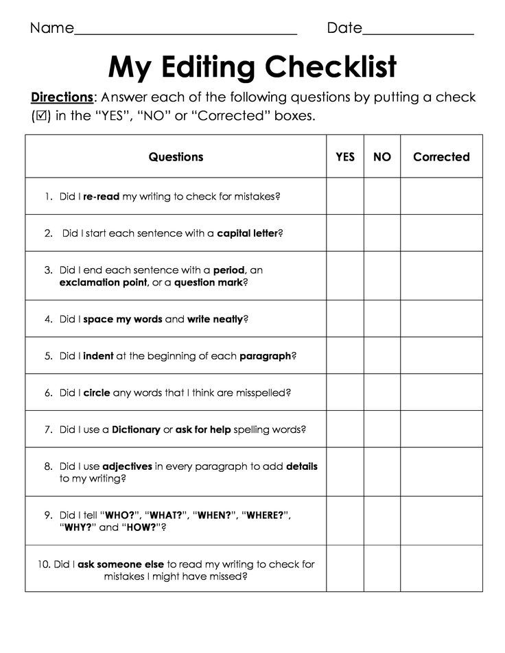 Editing checklist worksheet with blank name and date lines
