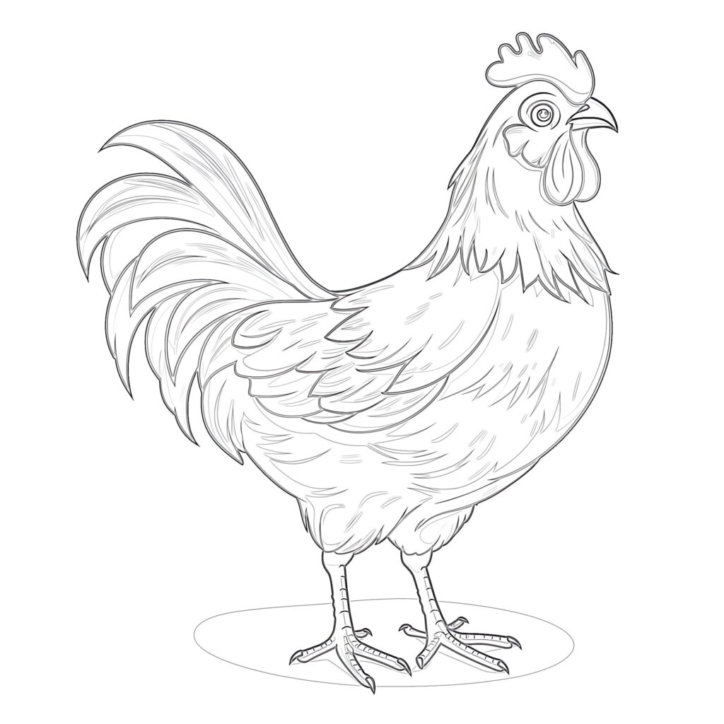 Line drawing of a rooster standing on white background