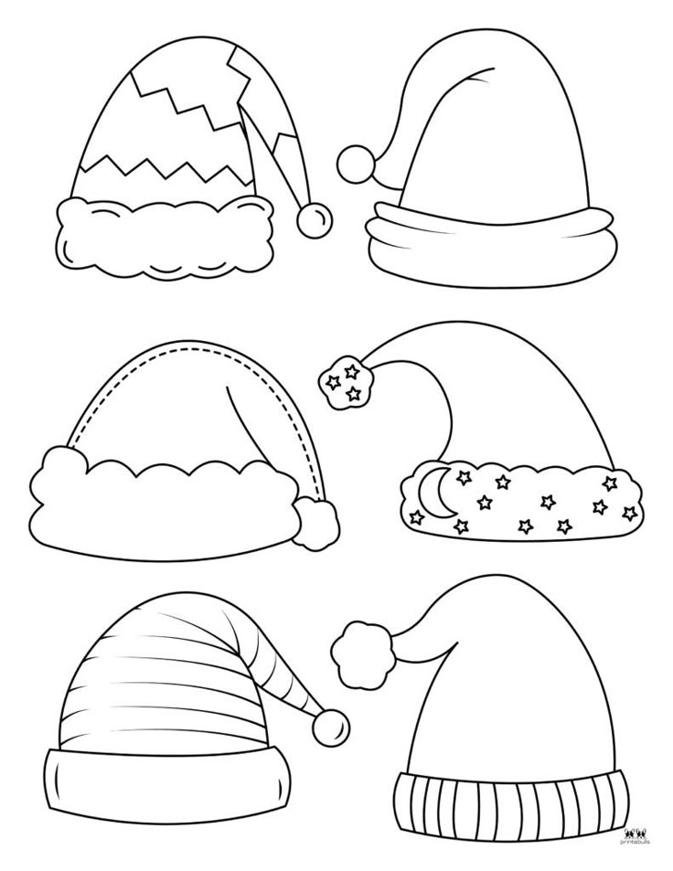 Six Santa hat outline drawings on white background