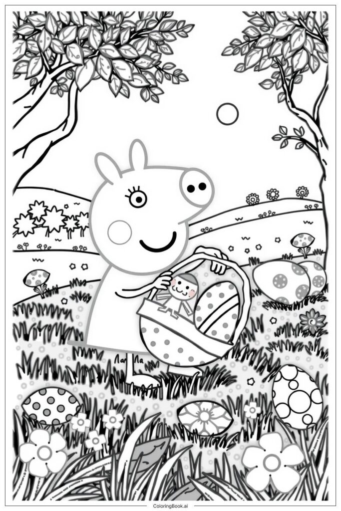 Cartoon pig holding Easter basket in flower-filled field