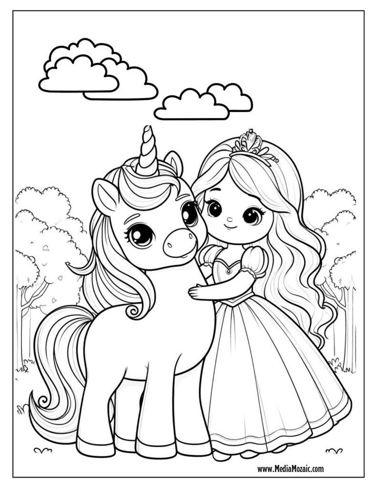 Princess hugging unicorn in a forest coloring page