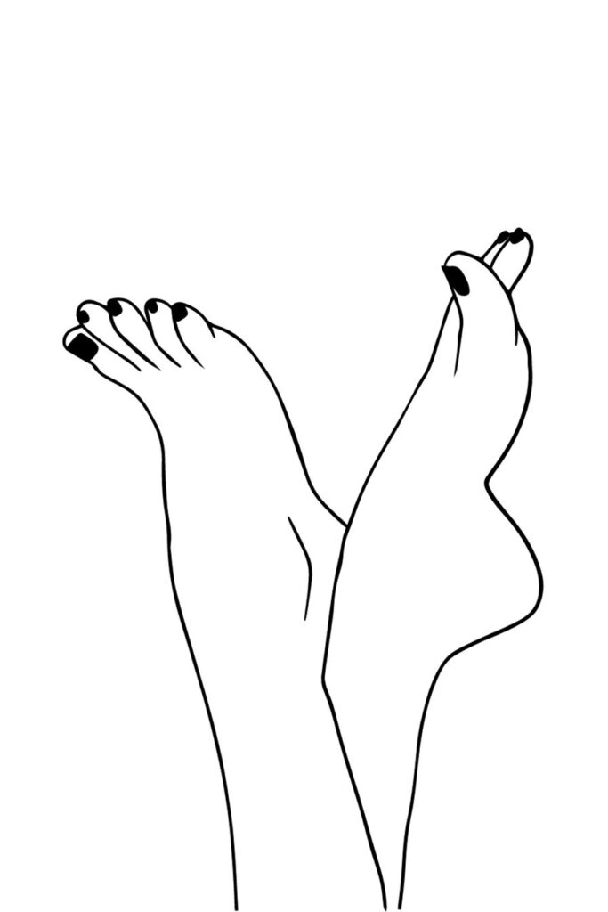 Line drawing of two crossed feet with painted toenails
