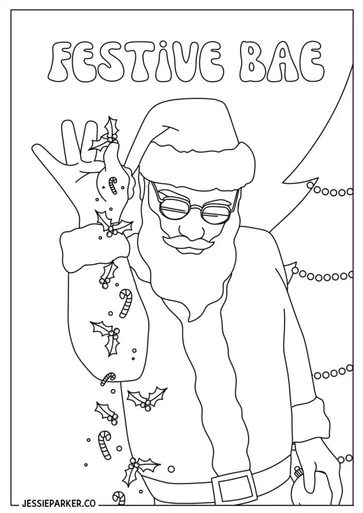 Black-and-white Santa coloring page with festive text